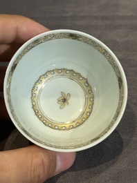 A fine Chinese gilt-decorated grisaille 'Xi Xiang Ji' cup and saucer, Yongzheng