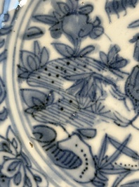 Five Chinese Swatow blue and white 'rooster' plates, Ming