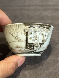 A fine Chinese gilt-decorated grisaille 'Xi Xiang Ji' cup and saucer, Yongzheng