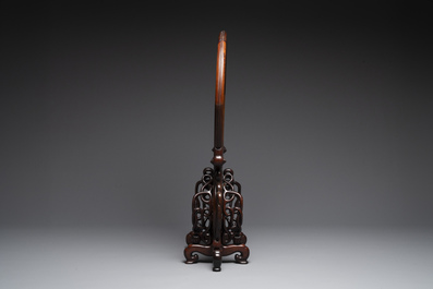 A Chinese 'dream stone' and hardwood table screen, Xia Yuan Zhu Ren 霞園主人 mark, 19/20th C.