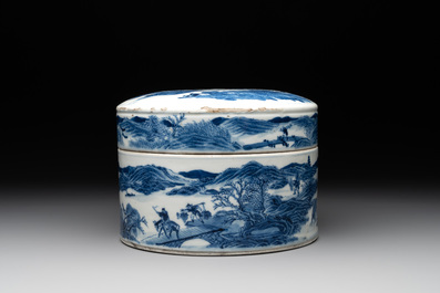 A rare Chinese blue and white cylindrical box and cover for the Chinese or Thai market, Jin Tang Fa Ji 錦堂發記 mark, Daoguang