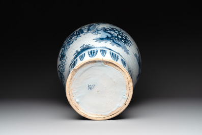 A very large Dutch Delft blue and white chinoiserie baluster vase, last quarter 17th C.