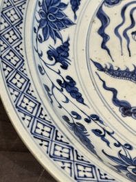 A large Chinese blue and white Yuan-style 'dragon' dish, probably 19th C.