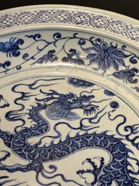 A large Chinese blue and white Yuan-style 'dragon' dish, probably 19th C.
