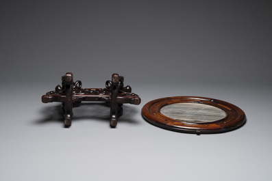 A Chinese 'dream stone' and hardwood table screen, Xia Yuan Zhu Ren 霞園主人 mark, 19/20th C.