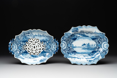 A blue and white Dutch Delft strainer on stand with fine landscapes, 18th C.