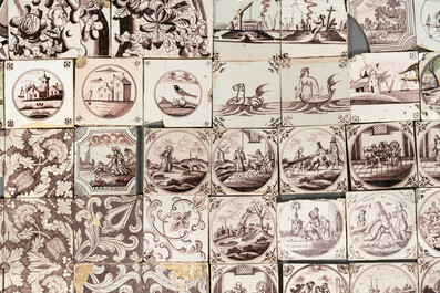 A collection of 110 mainly manganese Dutch Delft tiles, mostly 18th C.