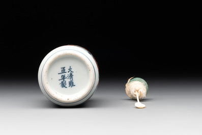 A Chinese blue, white and copper-red 'Journey to the West' snuff bottle, Yongzheng mark, 19th C.