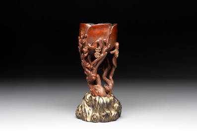 A Chinese bamboo 'plum blossom' libation cup, Guangxu and Zhu Jian 朱堅 mark, dated 1890