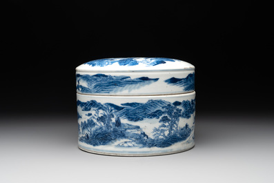 A rare Chinese blue and white cylindrical box and cover for the Chinese or Thai market, Jin Tang Fa Ji 錦堂發記 mark, Daoguang