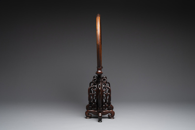 A Chinese 'dream stone' and hardwood table screen, Xia Yuan Zhu Ren 霞園主人 mark, 19/20th C.