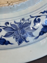 A large Chinese blue and white Yuan-style 'dragon' dish, probably 19th C.