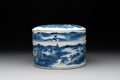 A rare Chinese blue and white cylindrical box and cover for the Chinese or Thai market, Jin Tang Fa Ji 錦堂發記 mark, Daoguang