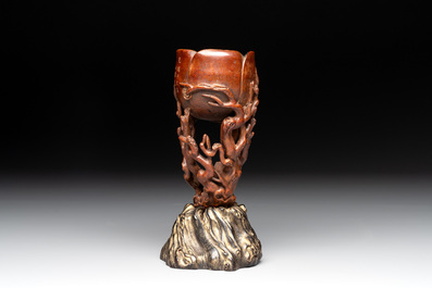 A Chinese bamboo 'plum blossom' libation cup, Guangxu and Zhu Jian 朱堅 mark, dated 1890