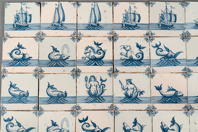 A field of 30 Dutch Delft blue and white tiles with sea creatures and ships, 18th C.