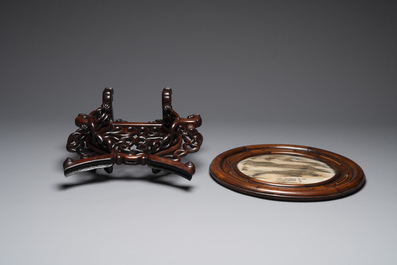 A Chinese 'dream stone' and hardwood table screen, Xia Yuan Zhu Ren 霞園主人 mark, 19/20th C.
