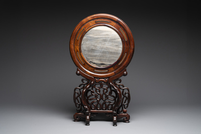 A Chinese 'dream stone' and hardwood table screen, Xia Yuan Zhu Ren 霞園主人 mark, 19/20th C.