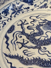 A large Chinese blue and white Yuan-style 'dragon' dish, probably 19th C.