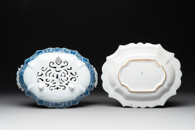 A blue and white Dutch Delft strainer on stand with fine landscapes, 18th C.