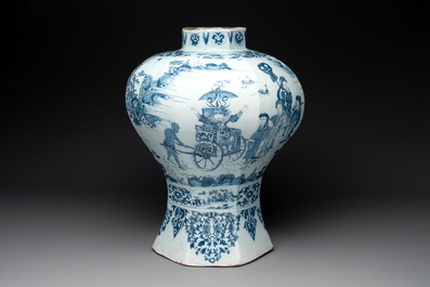 A very large Dutch Delft blue and white chinoiserie baluster vase, second half 17th C.