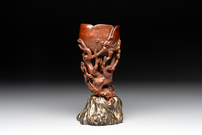 A Chinese bamboo 'plum blossom' libation cup, Guangxu and Zhu Jian 朱堅 mark, dated 1890