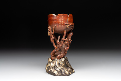A Chinese bamboo 'plum blossom' libation cup, Guangxu and Zhu Jian 朱堅 mark, dated 1890