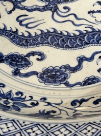 A large Chinese blue and white Yuan-style 'dragon' dish, probably 19th C.