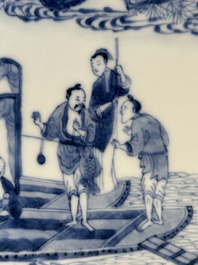 A Chinese blue and white plate with a breastfeeding woman and fishermen on boats, Yongzheng