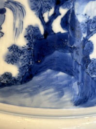 A rare Chinese blue and white 'Mongolian hunt' brush pot, Wen Zhang Shan Dou 文章山斗 mark, Kangxi