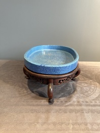 A Chinese robin's egg-glazed narcissus basin with a wooden stand, 19th C.