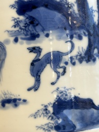 A rare Chinese blue and white 'Mongolian hunt' brush pot, Wen Zhang Shan Dou 文章山斗 mark, Kangxi