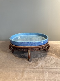 A Chinese robin's egg-glazed narcissus basin with a wooden stand, 19th C.