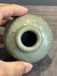 Six Chinese Longquan celadon jarlets with incised floral design, Yuan/Ming