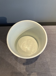 A rare Chinese blue and white 'Mongolian hunt' brush pot, Wen Zhang Shan Dou 文章山斗 mark, Kangxi