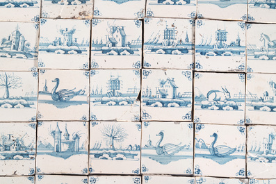 53 blue and white Dutch Delft tiles with animals and landscapes, 18th C.