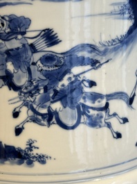 A rare Chinese blue and white 'Mongolian hunt' brush pot, Wen Zhang Shan Dou 文章山斗 mark, Kangxi