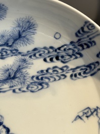 A Chinese blue and white plate with a breastfeeding woman and fishermen on boats, Yongzheng
