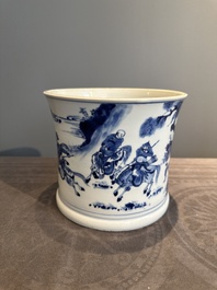 A rare Chinese blue and white 'Mongolian hunt' brush pot, Wen Zhang Shan Dou 文章山斗 mark, Kangxi