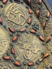 An Ottoman coral-and-turquoise-inlaid gilt-copper tea service with five Chinese wucai cups, 19th C.