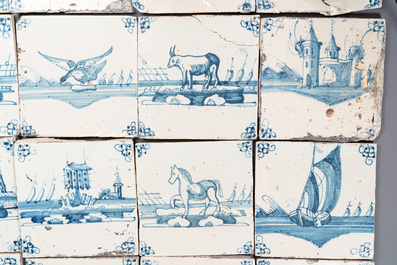 53 blue and white Dutch Delft tiles with animals and landscapes, 18th C.