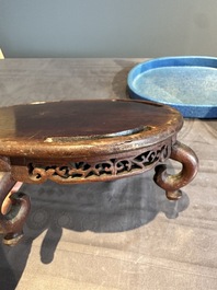 A Chinese robin's egg-glazed narcissus basin with a wooden stand, 19th C.