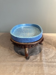 A Chinese robin's egg-glazed narcissus basin with a wooden stand, 19th C.