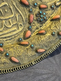 An Ottoman coral-and-turquoise-inlaid gilt-copper tea service with five Chinese wucai cups, 19th C.