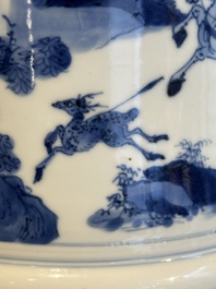 A rare Chinese blue and white 'Mongolian hunt' brush pot, Wen Zhang Shan Dou 文章山斗 mark, Kangxi