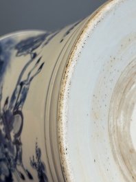 A rare Chinese blue and white 'Mongolian hunt' brush pot, Wen Zhang Shan Dou 文章山斗 mark, Kangxi