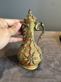An Ottoman coral-and-turquoise-inlaid gilt-copper tea service with five Chinese wucai cups, 19th C.