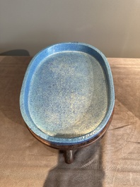 A Chinese robin's egg-glazed narcissus basin with a wooden stand, 19th C.