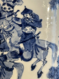 A rare Chinese blue and white 'Mongolian hunt' brush pot, Wen Zhang Shan Dou 文章山斗 mark, Kangxi