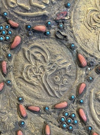 An Ottoman coral-and-turquoise-inlaid gilt-copper tea service with five Chinese wucai cups, 19th C.