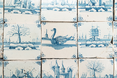 53 blue and white Dutch Delft tiles with animals and landscapes, 18th C.